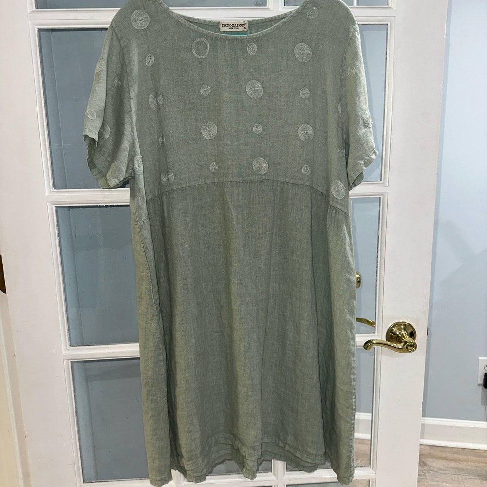 Terzo Millennio Shift Dress XL 100% Linen Sage Green Short Sleeve  Made in Italy